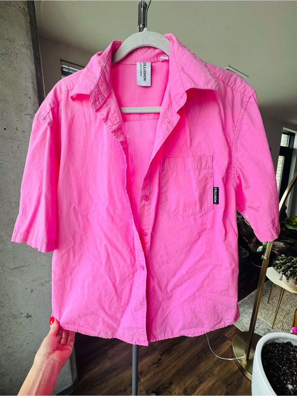 Women's Bright Pink Short-Sleeve Button-Down Shirt